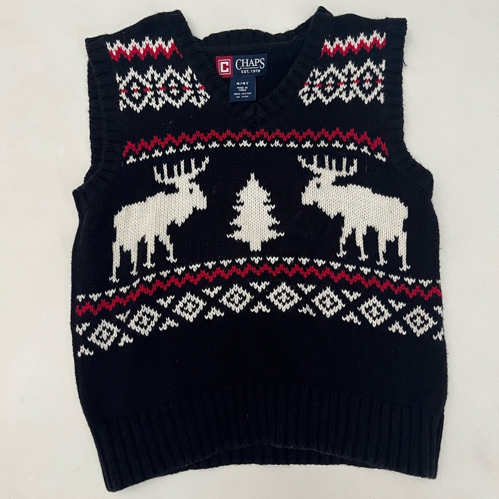 Chaps Boys 4T Sweater Vest Knit Reindeer Christmas Holiday Black Red White
